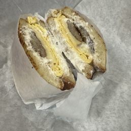 Sausage egg and cheese on sourdough Sausage egg and cheese on sourdough