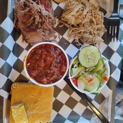 Smokin Joes Barbeque - Loose Meat Plate with brisket and chicken, cucumber salad and baked beans
