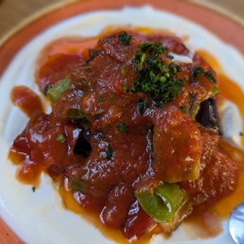 Esnaf - Kopugulu - supposed to be eggplant, peppers with a tomato sauce over garlic yogurt. Way too much tomato sauce! - Turkish Near Me - San Carlos, California Esnaf - Kopugulu - supposed to be eggplant, peppers with a tomato sauce over garlic yogurt. Way too much tomato sauce! - Turkish Near Me - San Carlos, California