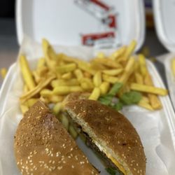 Banks Meat Market - Hamburger o Bun with fries .  $6.99
