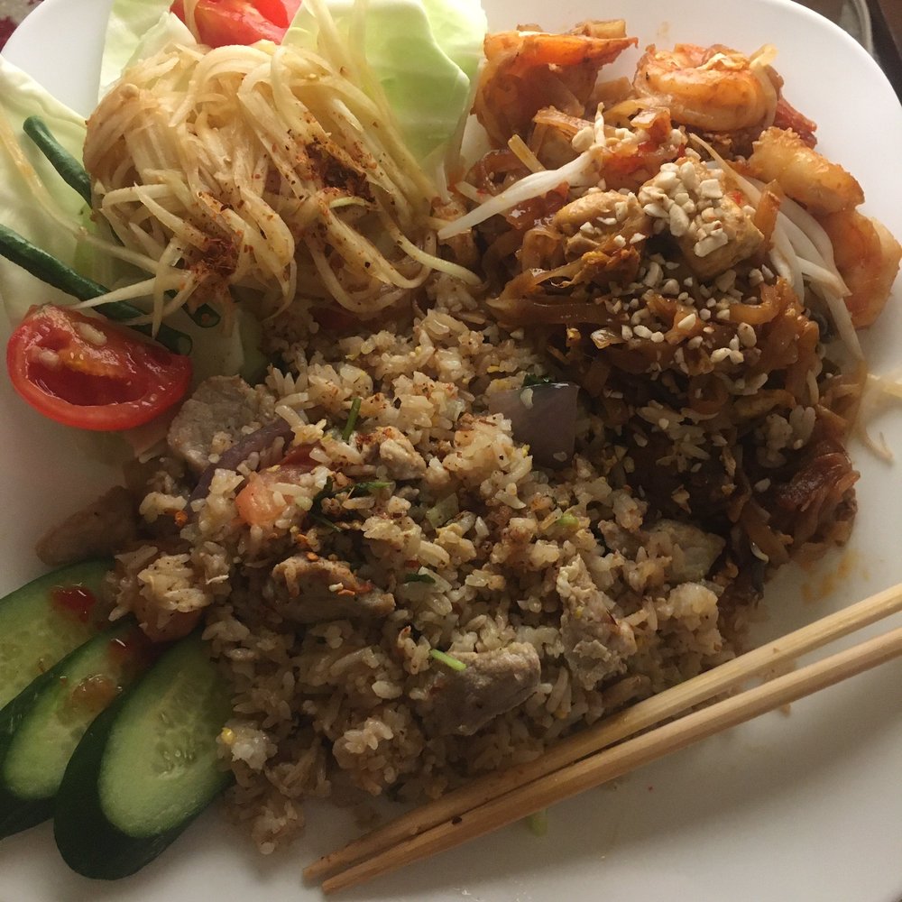EatzThai - Green Papaya Salad Thai Fried Rice Pad Thai -- after plating from carry out. I have enough to plate at least 3 more servings. Hungry? - Food Delivery Services Near Me - Los Angeles, California