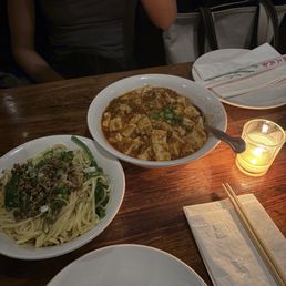dan dan noodles (left), mapo tofu (right)