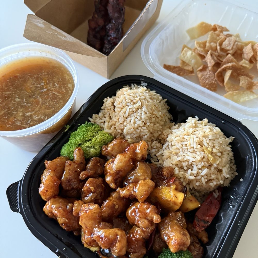 Burning Wok - Orange chicken w/ fried rice along with chicken skewer and hot & sour soup. - Chinese Near Me - Henderson, Nevada Burning Wok - Orange chicken w/ fried rice along with chicken skewer and hot & sour soup. - Chinese Near Me - Henderson, Nevada