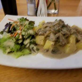 Matreshka - Beef stroganoff with boiled potatoes in a dill and sour cream sauce. Even the salad seemed decadent. - Russian Near Me - Berlin, BE Matreshka - Beef stroganoff with boiled potatoes in a dill and sour cream sauce. Even the salad seemed decadent. - Russian Near Me - Berlin, BE