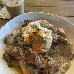 Biscuits and mushroom gravy. Add sausage, add egg Biscuits and mushroom gravy. Add sausage, add egg