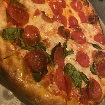 Five Boroughs Pizza Tavern - Design Your Own Pie- Medium size pizza with pepperoni and half with Spinach - Gastropubs Near Me - Cumming, Georgia