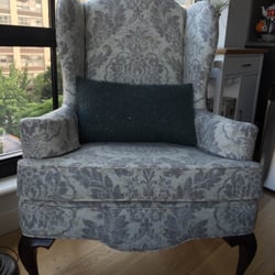 Ecua Interior Decoration - Before: Velvet green Ethan Allen chairs found on curb. After: beautifully reupholstered with Ethan Allen fabric by Charley