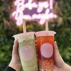 Sweet Straw - Matcha blended ice and dragon fruit elixir with lychee jelly