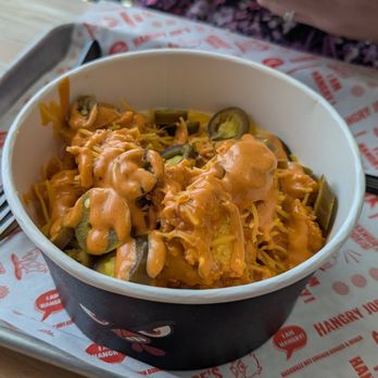 Hangry Joes High Point Hot Chicken - Our Mac n Cheese bowl with buffalo sauce. Way too much buffalo sauce and decisively less bountiful than the menu image. - Chicken Shop Near Me - High Point, North Carolina