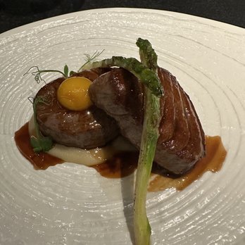 Balfego - Grilled tuna head meat with truffled meat reduction, egg yolk and white asparagus - Mediterranean Near Me - Barcelona, B Balfego - Grilled tuna head meat with truffled meat reduction, egg yolk and white asparagus - Mediterranean Near Me - Barcelona, B
