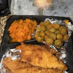 Catfish plate w fried okra and candy yams. This was so delicious and fresh. This travels very well, fish was crispy and hot.