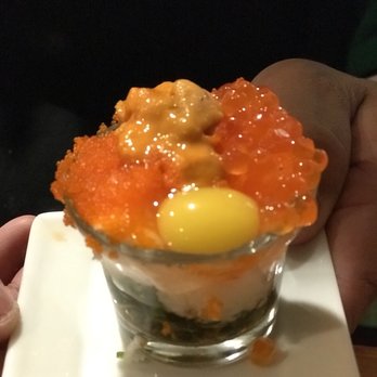 Tokkuri-Tei - Uni shot for the Uni lovers. Quail egg, ikura, uni on Japanese mountain yam.green onions. - Sushi Bars Near Me - Honolulu, Hawaii