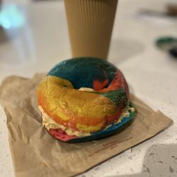 Boss Bagel - Rainbow bagel with flumpkin schmear and a large double shot caramel mocha latte