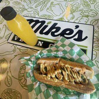 Mike’s Vegan Grill - Mike's Bratwurst with honey mustard and cheese sauce and mango lemonade - Vegan Near Me - Charlotte, North Carolina Mike’s Vegan Grill - Mike's Bratwurst with honey mustard and cheese sauce and mango lemonade - Vegan Near Me - Charlotte, North Carolina