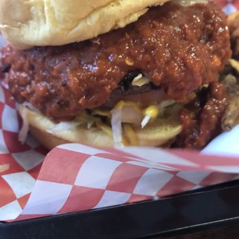 Little Bitty Burger Barn - Charlie's 5-alarm fire burger from the side - Burgers Near Me - Houston, Texas