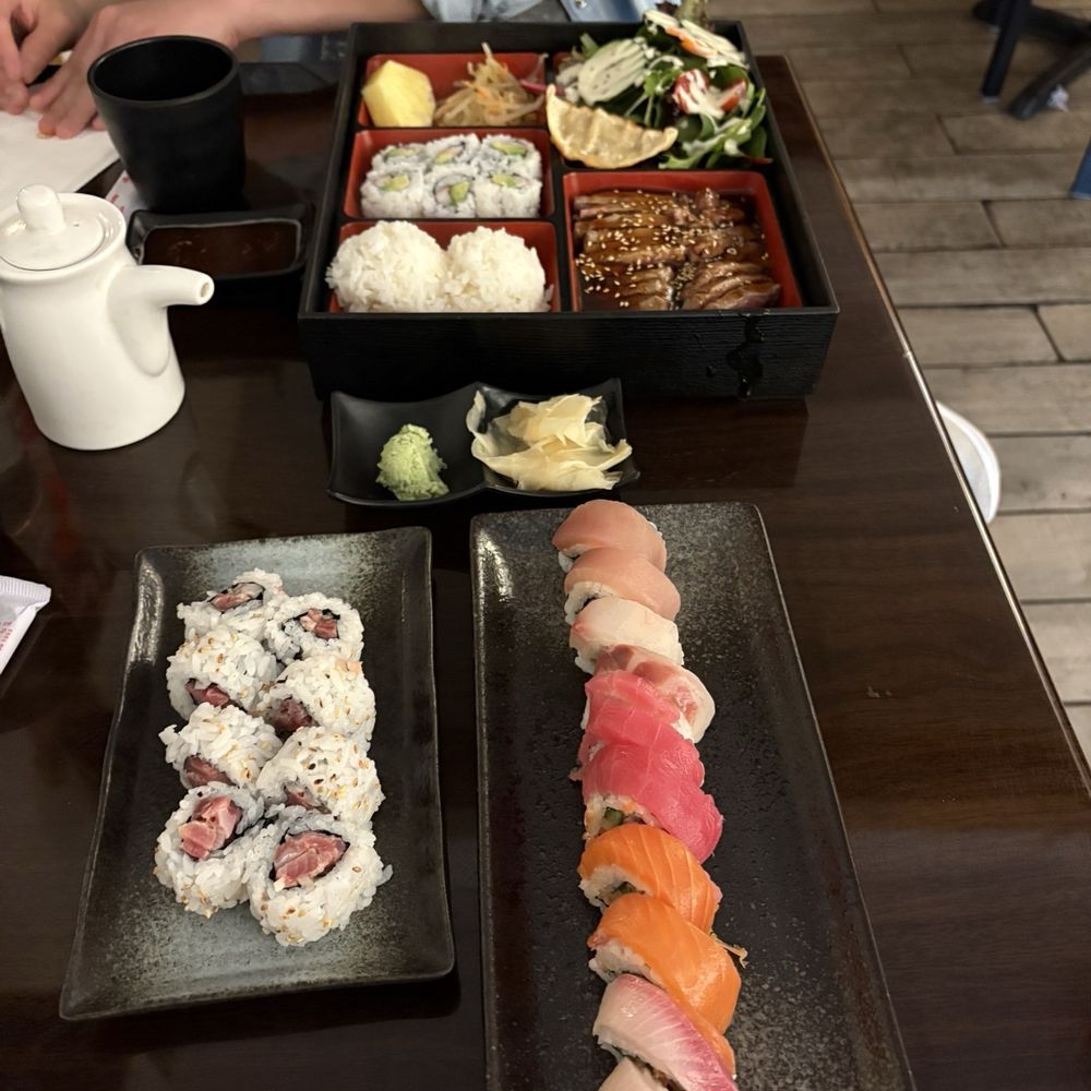 Hamachi roll, Spicy Rainbow, and Beef Teriyaki Bento
