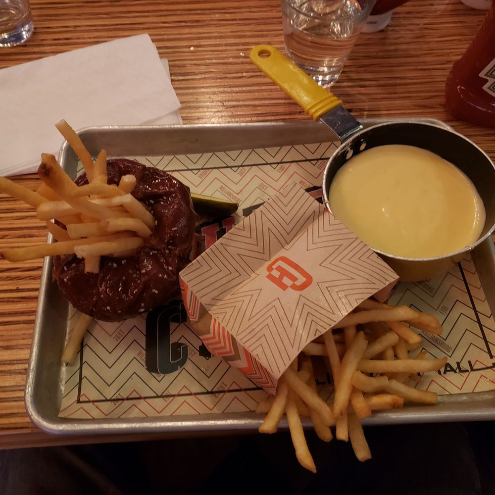 Clinton Hall- 51st St - Fondue Burger with bacon, and fries - Bars Near Me - New York, New York Clinton Hall- 51st St - Fondue Burger with bacon, and fries - Bars Near Me - New York, New York
