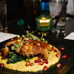 Mango Haus Lounge  - Oyster Mushroom, on a bed of pea cauliflower puree and pomegranate pearls