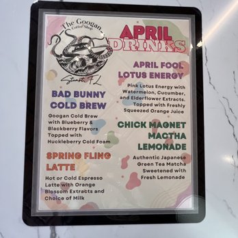 The Googan Coffee Shop - April drink menu - Coffee & Tea Near Me - Stuart, Florida