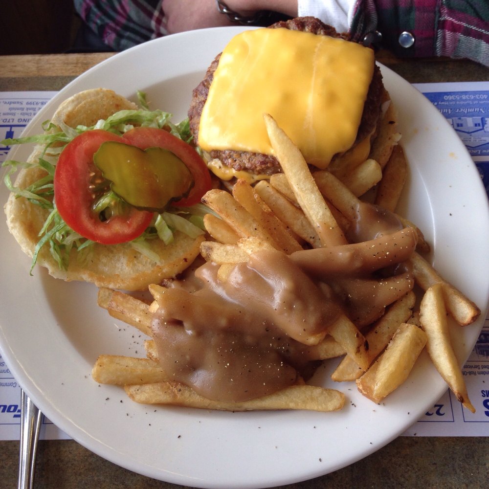 Sundre Hotel Restaurant - double cheeseburger deluxe & fries. $9. - Canadian (New) Near Me - Sundre, Alberta