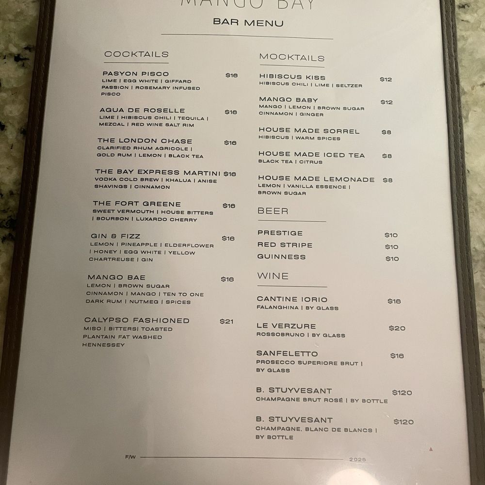Mango Bay - Bar Menu (March 2025) - Caribbean Near Me - Brooklyn, New York