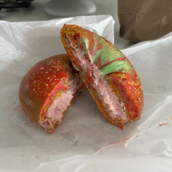 5 Star Bagelry - rainbow bagel with strawberry cream cheese - Bagels Near Me - Orange, California