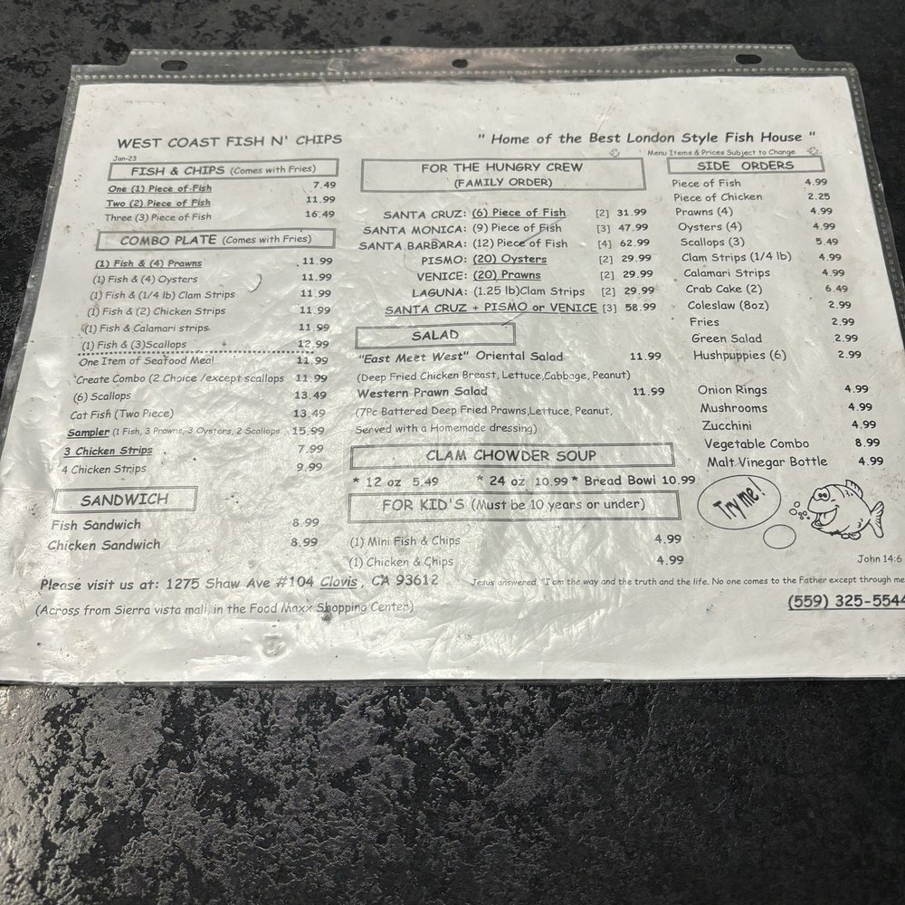 West Coast Fish N' Chips - Menu 2024 - Seafood Near Me - Clovis, California West Coast Fish N' Chips - Menu 2024 - Seafood Near Me - Clovis, California