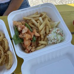 Hot lobster roll, French fries, cole slaw