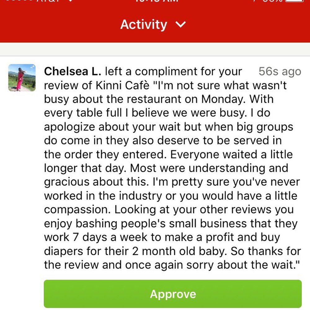 Kinni Cafè - River Falls - This response shows you the difference between a gracious apology & an immature defensive comeback. - American Near Me - River Falls, Wisconsin