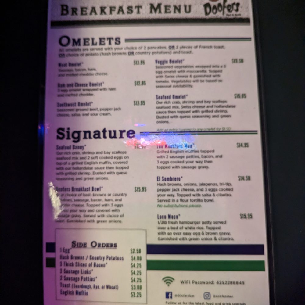 Doofers Bar & Grill - Back of Breakfast menu. - New American Near Me - Renton, Washington