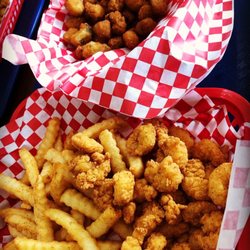 The Boiling Pot - Popcorn shrimp with fries and a side of fried okra.