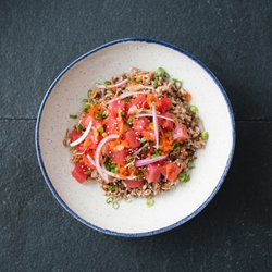Poke Jay - Tunado- tuna, masago, red onion, scallion, avocado, masago arare, crispy shallot, kinchee sauce, Thai berry brown rice