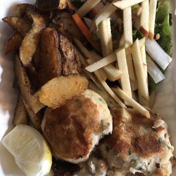 The Wooden Monkey - Fish cakes with half roasties and half apple salad. - Bars Near Me - Halifax, Nova Scotia