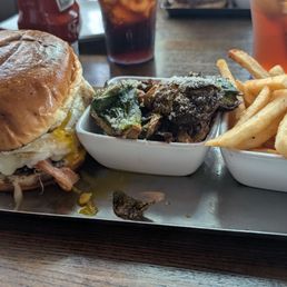 Maple bacon burger, brussel sprouts and chips