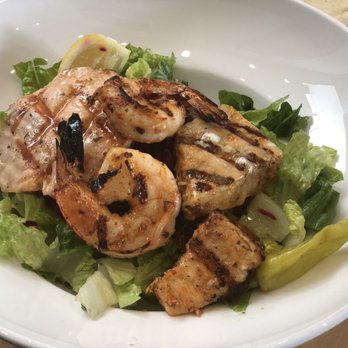 Mediterranean Kebab - Mediterranean salad with seafood combo (salmon, shrimp, and swordfish) - Turkish Near Me - Burlingame, California Mediterranean Kebab - Mediterranean salad with seafood combo (salmon, shrimp, and swordfish) - Turkish Near Me - Burlingame, California