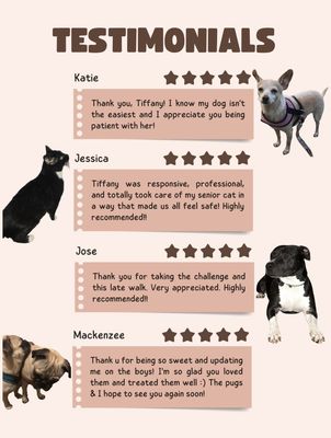 Testimonials - These are some testimonials from previous clients I've had over my 5 years of working with pups. Testimonials - These are some testimonials from previous clients I've had over my 5 years of working with pups.