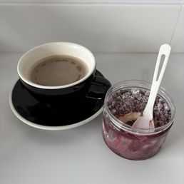 Chai latte and blackberry almond coupe Chai latte and blackberry almond coupe