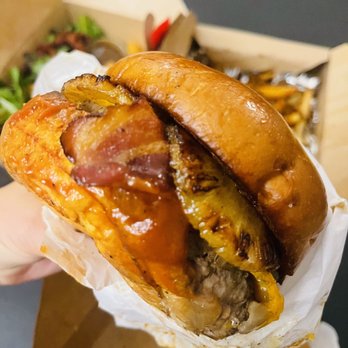 Grill 'Em All - 1/2 lb. Samoa Joe Burger (Medium rare) So darn good! - Burgers Near Me - Long Beach, California