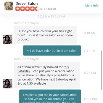 Diesel Salon - Initial communication message : answered of course because they needed to make money . :( - Hair Salons Near Me - San Diego, California Diesel Salon - Initial communication message : answered of course because they needed to make money . :( - Hair Salons Near Me - San Diego, California