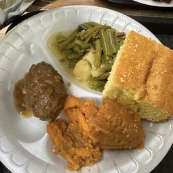 Friends Food Mart - Yams, meat ball, corn bread, and green beans