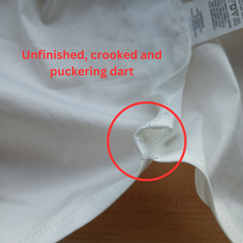 Wardrobe Clinic - Angled example of puckering, unfinished dart on wearer's right side - Sewing & Alterations Near Me - Philadelphia, Pennsylvania Wardrobe Clinic - Angled example of puckering, unfinished dart on wearer's right side - Sewing & Alterations Near Me - Philadelphia, Pennsylvania