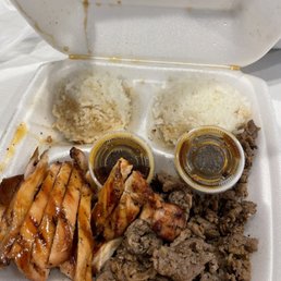 chicken, rice, and meat in a styrofoam container chicken, rice, and meat in a styrofoam container