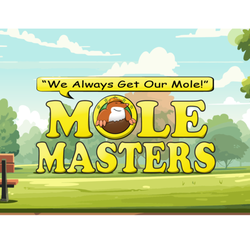 Mole Masters - Mole Masters Logo art on grassy mole free lawn with bench overlooking area