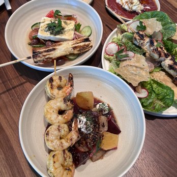 Mara - Shrimp Kebab on Beet Salad, Chicken Kebab, Fish Kebab on Greek Salad - Mediterranean Near Me - Honolulu, Hawaii