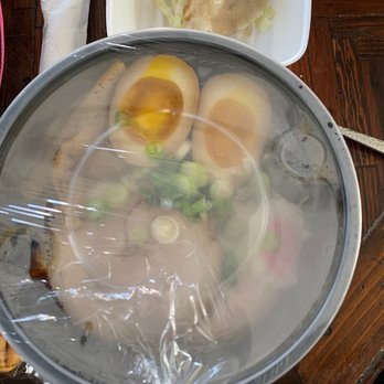 Umami Ramen House - Tonkotsu Black Garlic Ramen + gyoza - packaged perfectly for delivery - Ramen Near Me - El Paso, Texas
