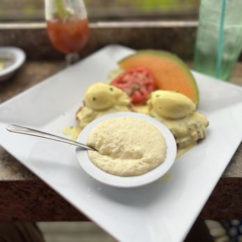 The Dune Deck Cafe - Eggs Benedict with cheesy grits - Breakfast & Brunch Near Me - Lantana, Florida