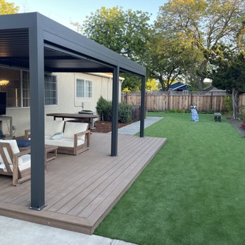 Golden Sky Landscape - Pergola above a deck (Trex material) with artificial grass and putting green - Landscaping Near Me - San Jose, California