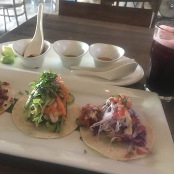 Tres Galeones - Octopus taco(not in photo), soft shell crab taco and fish taco with the 3 salsas they bring out for you. The left is spicy but soooo good! - Seafood Near Me - Tulum, ROO