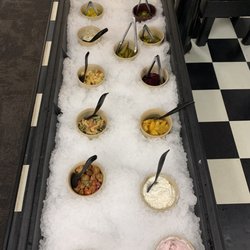 Hometown Pizza - Salad bar #2 with home made okra salad, pasta salad, cornbread salad, macaroni salad, cherry fluff, pistachio salad, etc