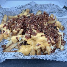 Bacon and cheese fries! Bacon and cheese fries!
